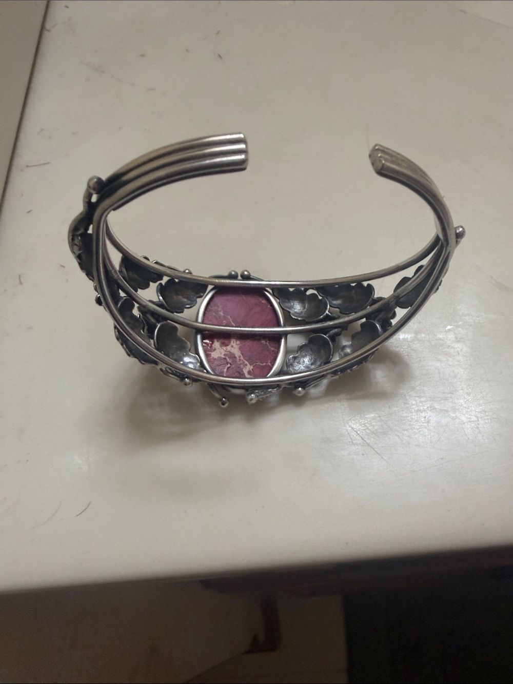 Silver tone Floral Cuff Bracelet with Pink Stone Costume Jewelry - Picture 3 of 5